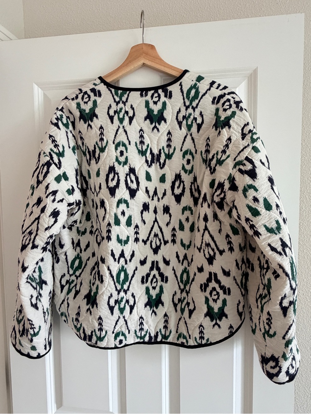 Zara Printed Quilted Jacket Cream Green Navy Contrast Trim Women’s Size S - Picture 3 of 6